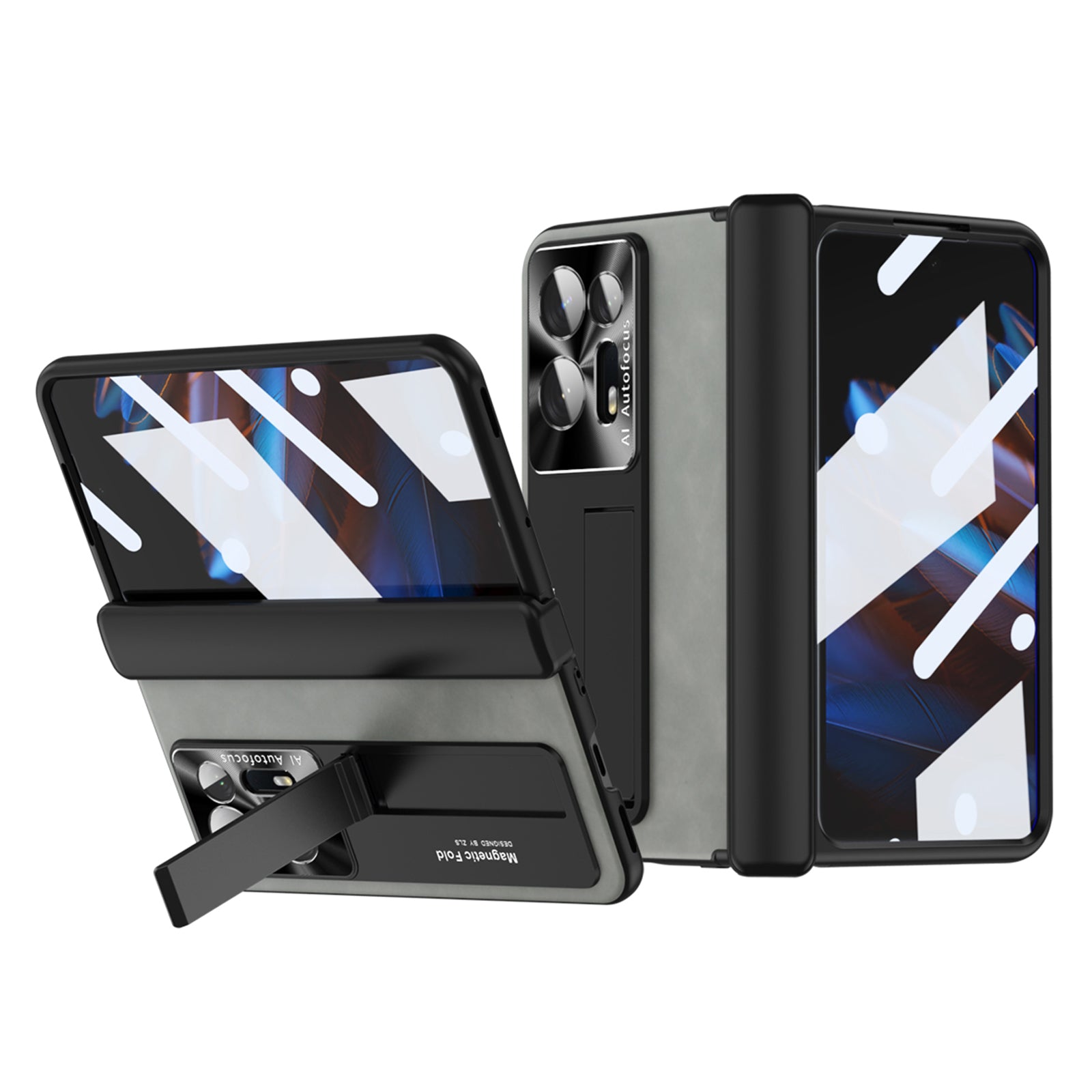 Anti-fall Phone Case For Oppo Find N2 5G Hinge Protection Kickstand Nappa Texture Phone Cover with Tempered Glass Film Anti-fall Phone Case For Oppo Find N2 5G Hinge Protection Kickstand Nappa Texture Phone Cover with Tempered Glass Film